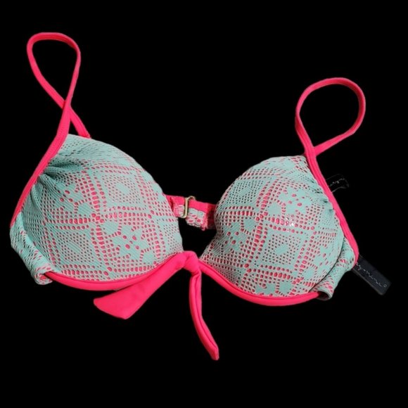 NWT RARE NINETY-NINE DEGREES CROCHET LACE BIKINI SET SZ L TEAL & NEON PINK - Picture 3 of 11